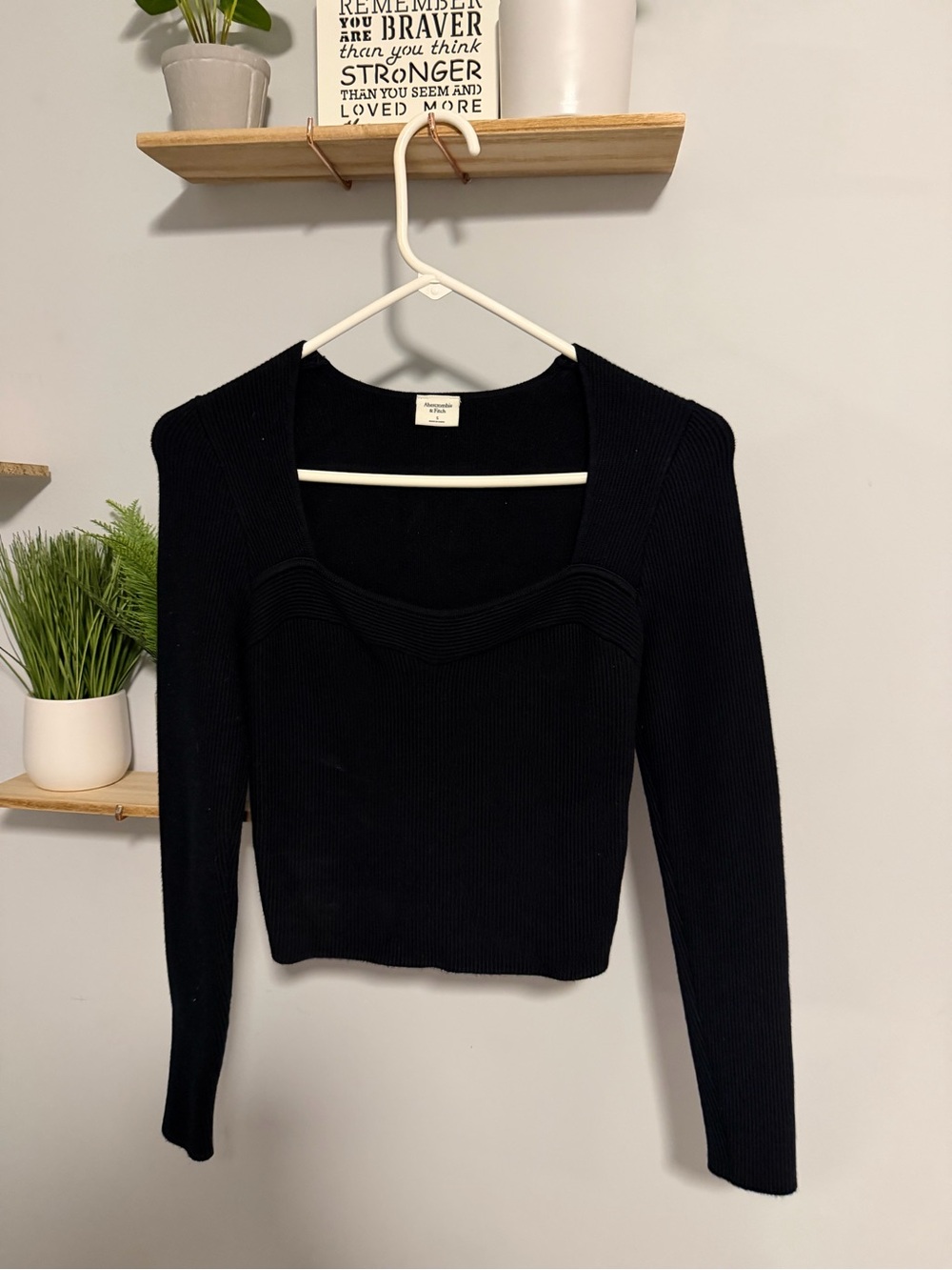 Abercrombie & Fitch Black Ribbed Long-Sleeve Square Neck Top